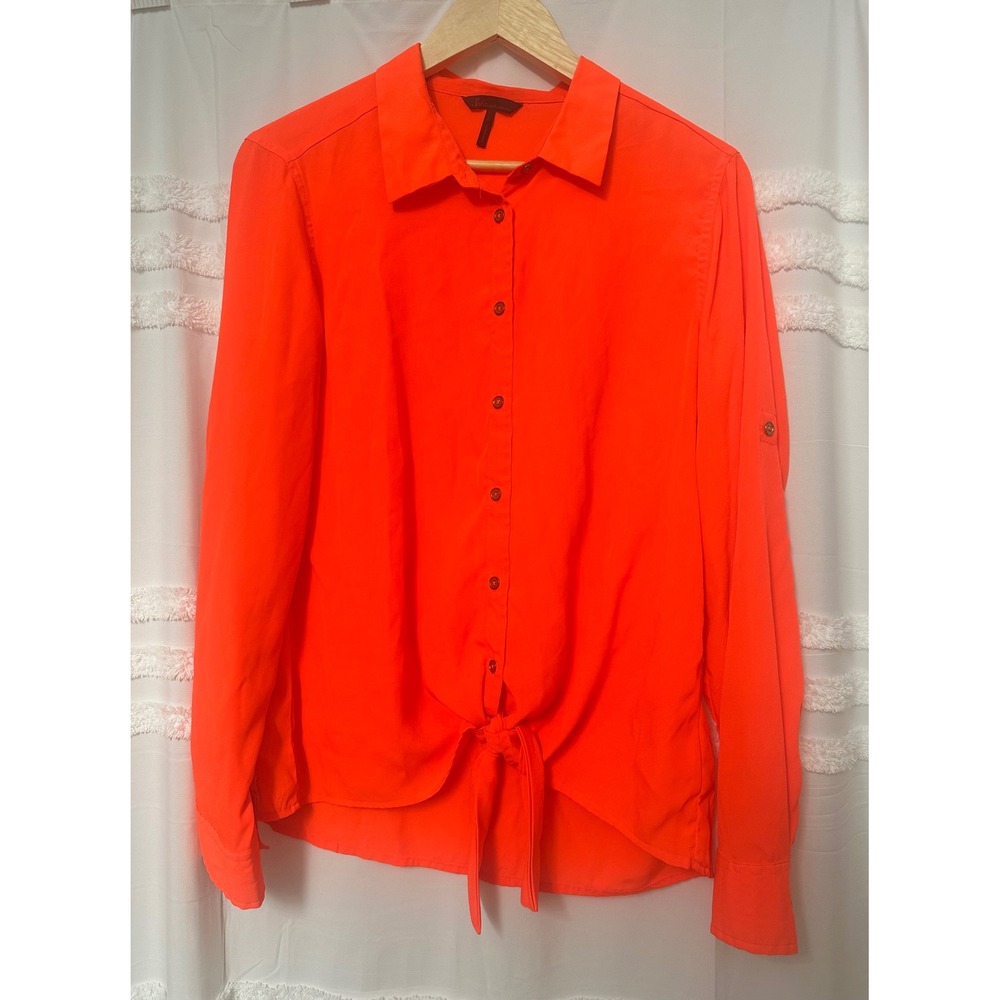 Sofia Vergara Sunset Orange Modern Tie Front Roll Tab Button Down Shirt Office L